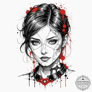 Trash polka style face of a replicant, half f... - эскиз тату (№1753213316_0, 22.07.2025 19:41) — tattoo-photo.ru