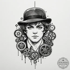A trash polka tattoo of alex delarge from a c... - эскиз тату (№1753221698_0, 22.07.2025 22:01) — tattoo-photo.ru