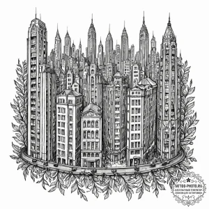 A barcode that morphs into a cityscape, ink i... - эскиз тату (№1753221866_0, 22.07.2025 22:04) — tattoo-photo.ru