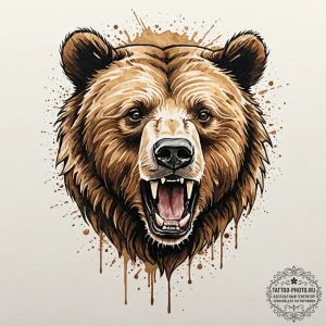 Tattoo sketch a bear's head roaring, with tri... - эскиз тату (№1753224240_0, 22.07.2025 22:44) — tattoo-photo.ru