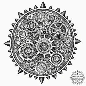 A close-up of a vintage watch movement, gears... - эскиз тату (№1753225171_0, 22.07.2025 22:59) — tattoo-photo.ru