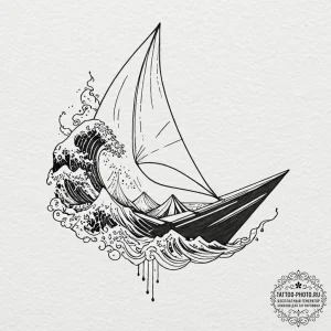 Origami boat on a wave, tattoo drawing outlin... - эскиз тату (№1753228181_0, 22.07.2025 23:49) — tattoo-photo.ru