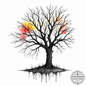A silhouette of a gnarled, dead tree against... - эскиз тату (№1753231581_0, 23.07.2025 00:46) — tattoo-photo.ru