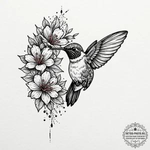 A tiny, colorful hummingbird hovering next to... - эскиз тату (№1753233402_0, 23.07.2025 01:16) — tattoo-photo.ru