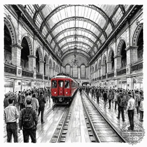 A crowded platform in a grand, old train stat... - эскиз тату (№1753234622_0, 23.07.2025 01:37) — tattoo-photo.ru