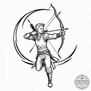 A sketch of hawkeye, drawing his bow, focused... - эскиз тату (№1753238280_0, 23.07.2025 02:38) — tattoo-photo.ru