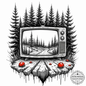 Tv with a forest growing out of the screen, c... - эскиз тату (№1753238969_0, 23.07.2025 02:49) — tattoo-photo.ru