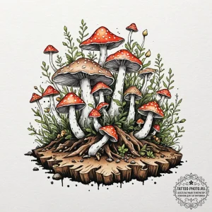 Tattoo sketch a collection of different mushr... - эскиз тату (№1753241576_0, 23.07.2025 03:32) — tattoo-photo.ru