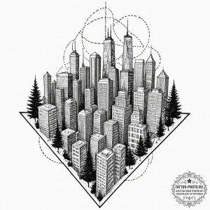Tattoo design a cityscape where the skyscrape... - эскиз тату (№1753251173_0, 23.07.2025 06:12) — tattoo-photo.ru