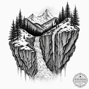 A person ice climbing up a frozen waterfall.,... - эскиз тату (№1753252008_0, 23.07.2025 06:26) — tattoo-photo.ru