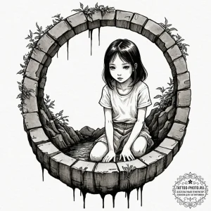 A watercolor sketch of the creepy girl from t... - эскиз тату (№1753260920_0, 23.07.2025 08:55) — tattoo-photo.ru