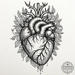 Anatomical heart with roots growing into the... - эскиз тату (№1753261758_0, 23.07.2025 09:09) — tattoo-photo.ru