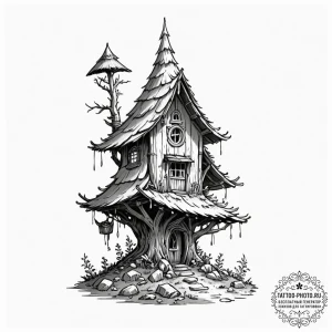 Baba yaga's hut on chicken legs, tattoo line... - эскиз тату (№1753261988_0, 23.07.2025 09:13) — tattoo-photo.ru