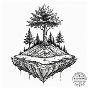A floating island with a single tree, tattoo... - эскиз тату (№1753262064_0, 23.07.2025 09:14) — tattoo-photo.ru