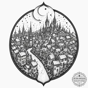 A watercolor sketch of the city of piltover v... - эскиз тату (№1753263559_0, 23.07.2025 09:39) — tattoo-photo.ru