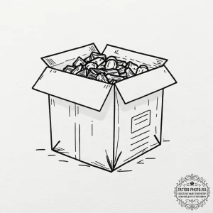 A trash polka composition of the mystery box... - эскиз тату (№1753264441_0, 23.07.2025 09:54) — tattoo-photo.ru