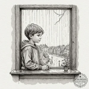 A child looking out a rain-streaked window on... - эскиз тату (№1753265766_0, 23.07.2025 10:16) — tattoo-photo.ru