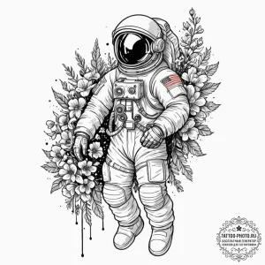 Astronaut holding a bouquet of flowers, artis... - эскиз тату (№1753266290_0, 23.07.2025 10:24) — tattoo-photo.ru