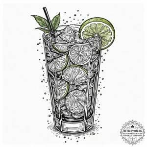 A shot of a glass of cola with ice and a lime... - эскиз тату (№1753270501_0, 23.07.2025 11:35) — tattoo-photo.ru