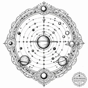 Solar system model (orrery), tattoo sketch de... - эскиз тату (№1753271121_0, 23.07.2025 11:45) — tattoo-photo.ru