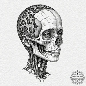 A half-human, half-skeleton face, tattoo flas... - эскиз тату (№1753271570_0, 23.07.2025 11:52) — tattoo-photo.ru