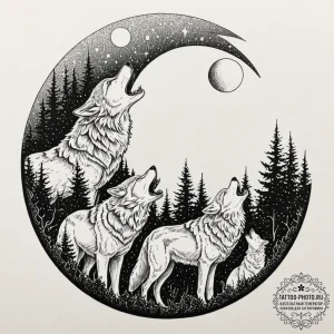 Tattoo design a wolf pack howling together un... - эскиз тату (№1753271844_0, 23.07.2025 11:57) — tattoo-photo.ru