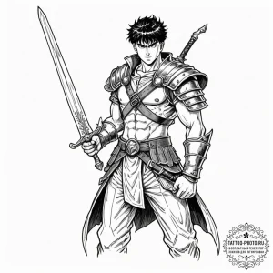A graphic novel panel of guts from berserk, w... - эскиз тату (№1753277538_0, 23.07.2025 13:32) — tattoo-photo.ru