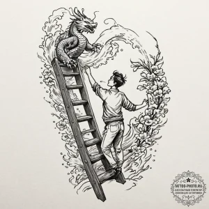 Photo of a librarian on a ladder, reaching fo... - эскиз тату (№1753278837_0, 23.07.2025 13:53) — tattoo-photo.ru