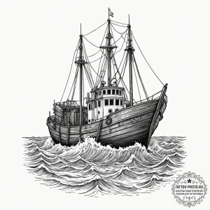 A fishing trawler on a rough sea, nets being... - эскиз тату (№1753280635_0, 23.07.2025 14:23) — tattoo-photo.ru