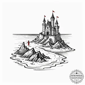 A sandcastle on a beach, with the tide coming... - эскиз тату (№1753281944_0, 23.07.2025 14:45) — tattoo-photo.ru