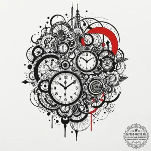 Clock, tattoo sketch design, trash polka tatt... - эскиз тату (№1753283713_0, 23.07.2025 15:15) — tattoo-photo.ru