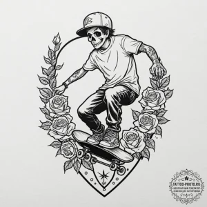 A teenager skateboarding at a skate park duri... - эскиз тату (№1753284040_0, 23.07.2025 15:20) — tattoo-photo.ru