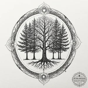Tattoo design a forest of varied trees, each... - эскиз тату (№1753289280_0, 23.07.2025 16:48) — tattoo-photo.ru