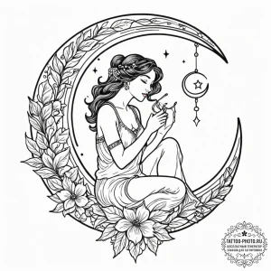 Tattoo design a person sitting on a crescent... - эскиз тату (№1753289826_0, 23.07.2025 16:57) — tattoo-photo.ru