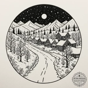 A quiet, snow-covered residential street in a... - эскиз тату (№1753292258_0, 23.07.2025 17:37) — tattoo-photo.ru