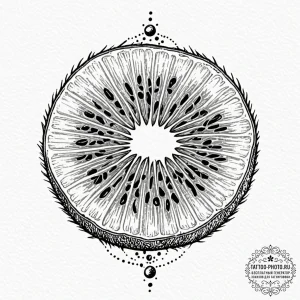 A close-up of a slice of kiwi, showing its in... - эскиз тату (№1753293817_0, 23.07.2025 18:03) — tattoo-photo.ru