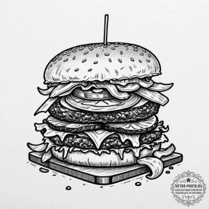 A juicy, gourmet cheeseburger with all the to... - эскиз тату (№1753293899_0, 23.07.2025 18:04) — tattoo-photo.ru