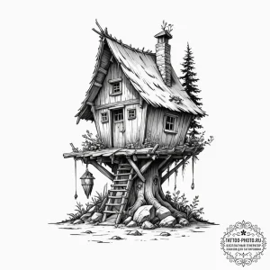 Baba yaga's hut on chicken legs, ink illustra... - эскиз тату (№1753296684_0, 23.07.2025 18:51) — tattoo-photo.ru