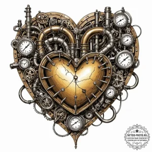 Steampunk heart with pipes and pressure gauge... - эскиз тату (№1753302310_0, 23.07.2025 20:25) — tattoo-photo.ru