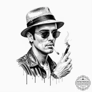 A trash polka portrait of hunter s. thompson... - эскиз тату (№1753303368_0, 23.07.2025 20:42) — tattoo-photo.ru