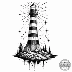 Lighthouse beam revealing constellations, con... - эскиз тату (№1753304103_0, 23.07.2025 20:55) — tattoo-photo.ru