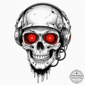 A skull with a glowing cyberpunk visor, tatto... - эскиз тату (№1753305134_0, 23.07.2025 21:12) — tattoo-photo.ru