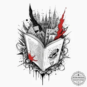 A book with a fantasy world growing from its... - эскиз тату (№1753306924_0, 23.07.2025 21:42) — tattoo-photo.ru