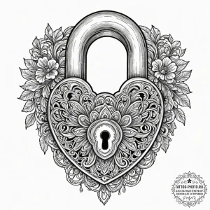 A detailed shot of an old, rusted padlock., t... - эскиз тату (№1753310255_0, 23.07.2025 22:37) — tattoo-photo.ru