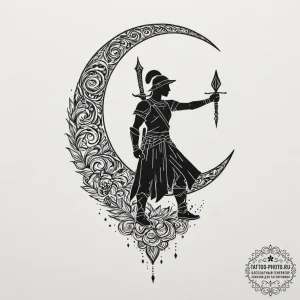 Tattoo design a crescent moon with a warrior'... - эскиз тату (№1753310583_0, 23.07.2025 22:43) — tattoo-photo.ru