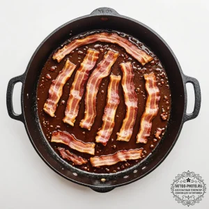 A close-up of a sizzling strip of bacon in a... - эскиз тату (№1753311679_0, 23.07.2025 23:01) — tattoo-photo.ru
