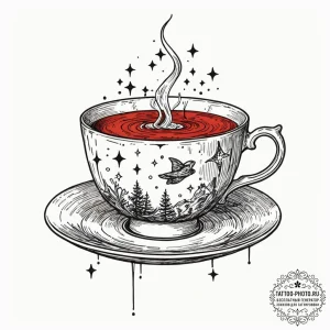 Tattoo sketch a teacup overflowing with a sta... - эскиз тату (№1753313280_0, 23.07.2025 23:28) — tattoo-photo.ru