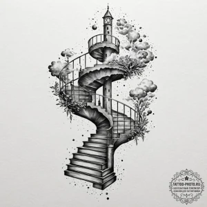 Tattoo sketch a surrealist scene where a stai... - эскиз тату (№1753318524_0, 24.07.2025 00:55) — tattoo-photo.ru