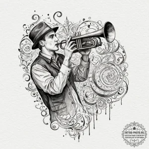 Tattoo design a lone bugle playing taps in a... - эскиз тату (№1753318675_0, 24.07.2025 00:57) — tattoo-photo.ru