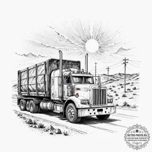 A long-haul truck driving down a deserted hig... - эскиз тату (№1753322464_0, 24.07.2025 02:01) — tattoo-photo.ru